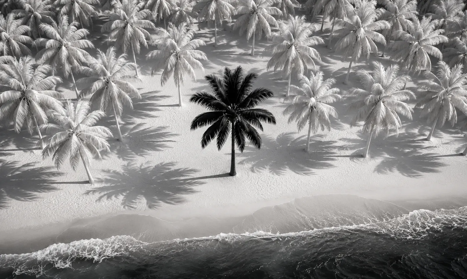 A single black palm tree standing apart among white palm trees on a sandy shore — symbolising Bold Solutions' independent approach