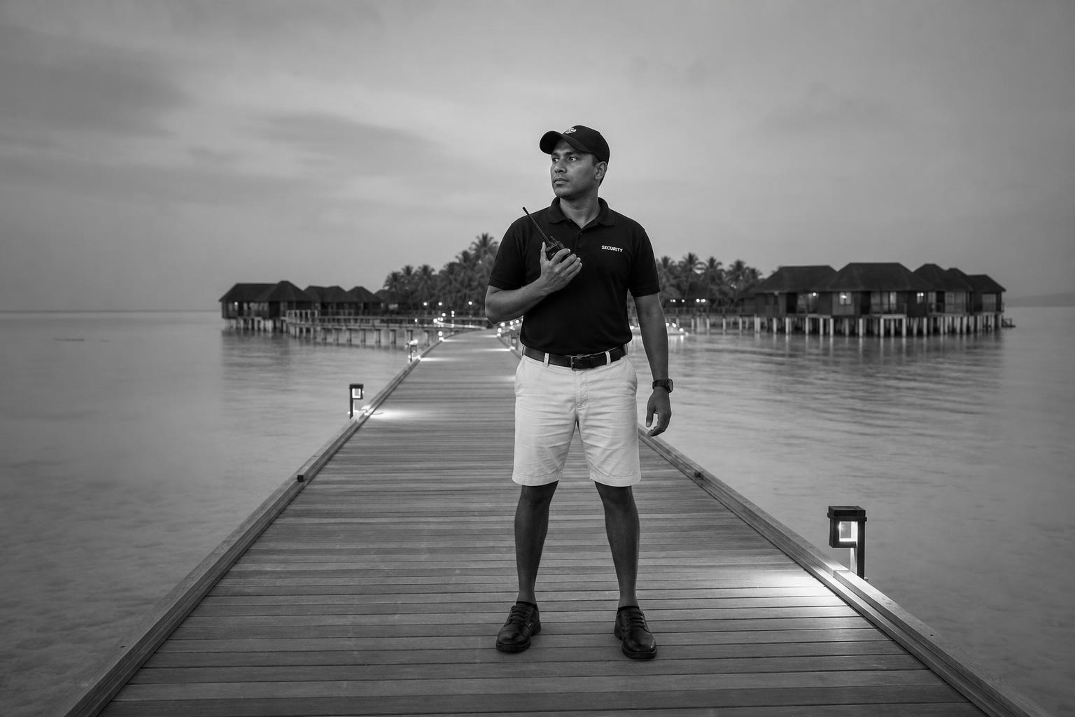 Security officer on a Maldives resort jetty holding a walkie talkie