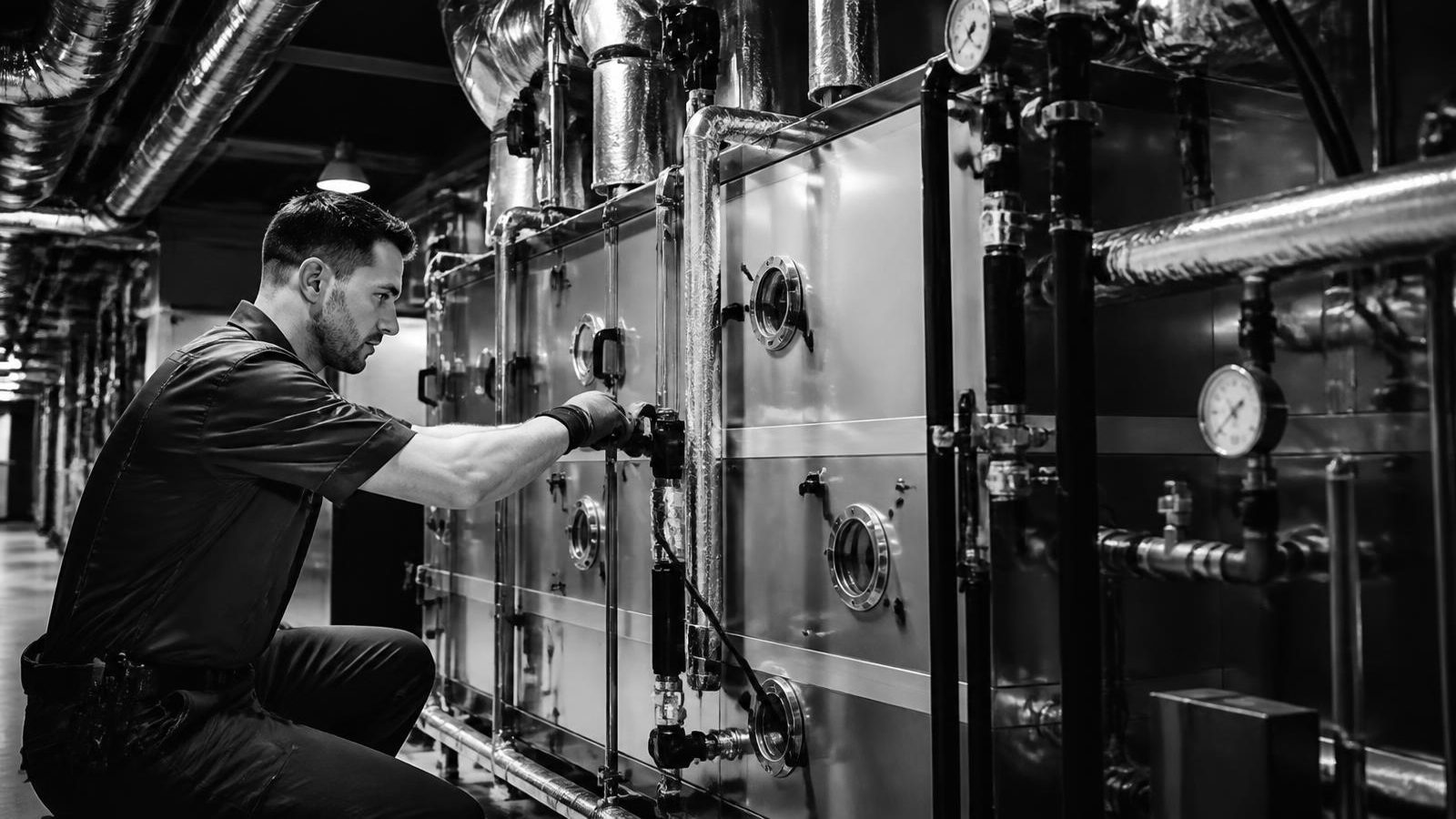 Maintenance technician servicing commercial HVAC plant equipment at a resort